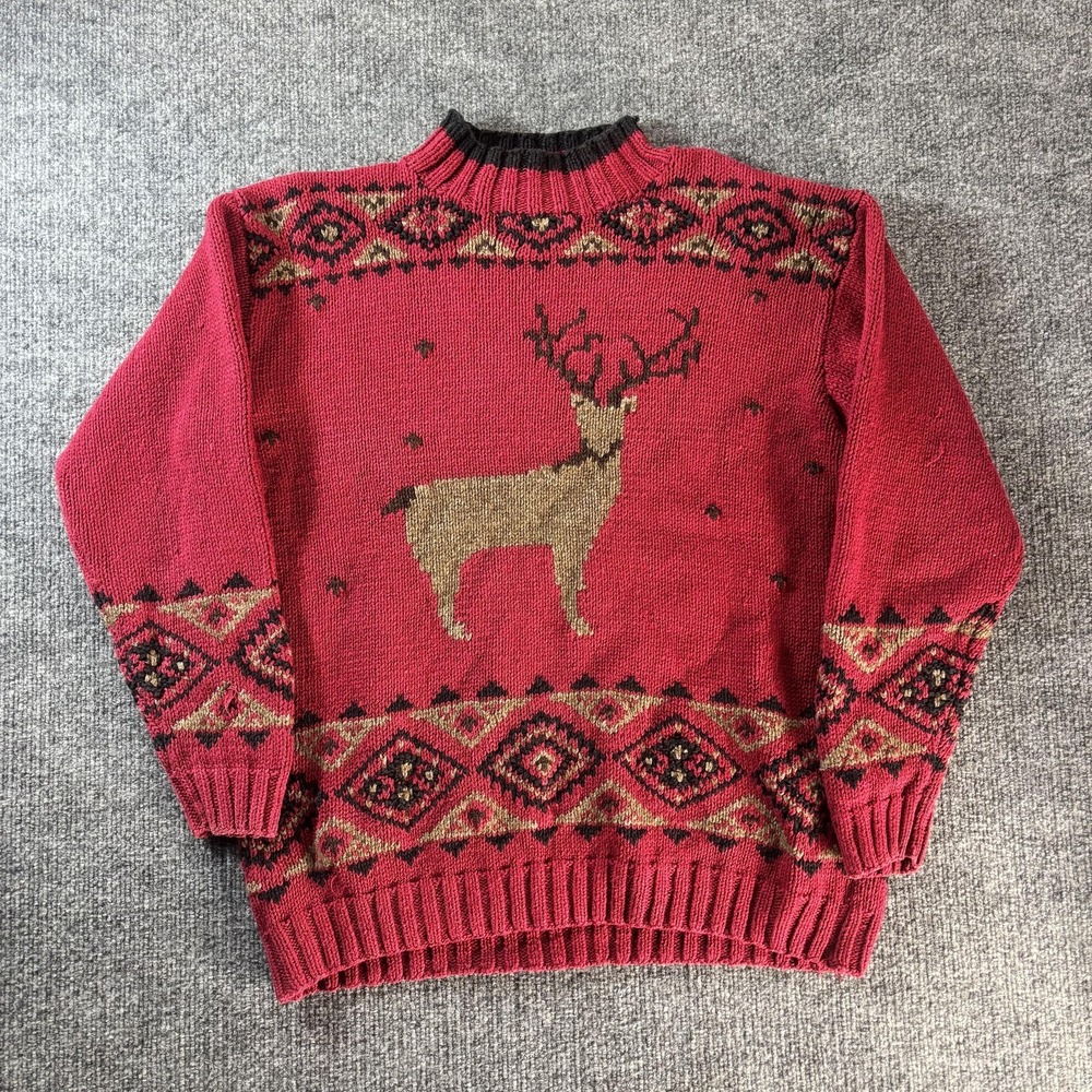 Eddie Bauer Sweater Womens Large Red Reindeer Fair Isle Knit Mock Neck Holiday